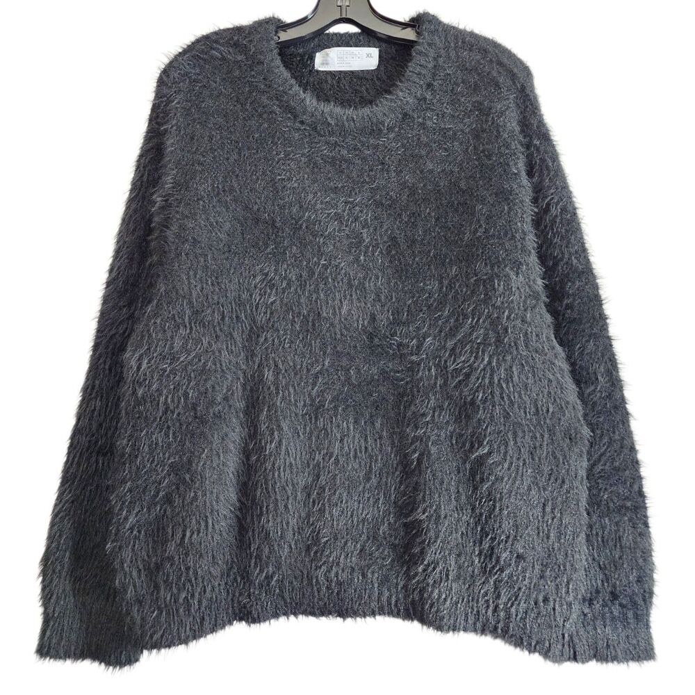 SAVAGE x FENTY Sweater Women XL Black Fuzzy Eyelash Knit Plush Crewneck Pullover